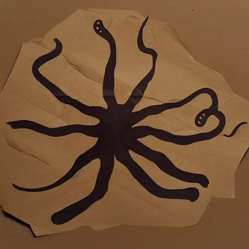 Prompt: octopus tentacles made of brown corrugated cardboard, cut out of cardboard, realistic photography, fantasy