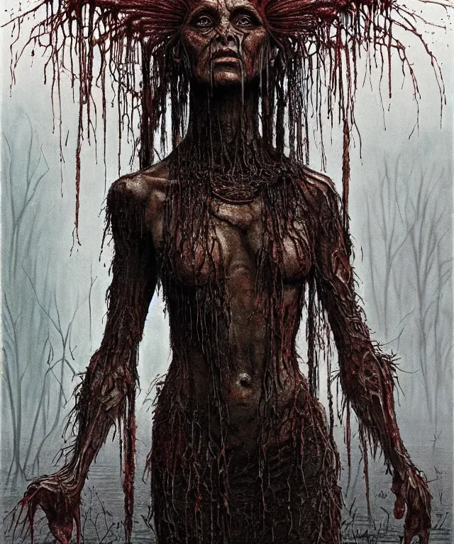 Image similar to a detailed mantiswoman stands among the swamps. wearing a ripped mantle, robe. perfect faces, extremely high details, realistic, fantasy art, solo, masterpiece, art by hermann nitsch, zdzislaw beksinski, dariusz zawadzki, giger, dragan bibin