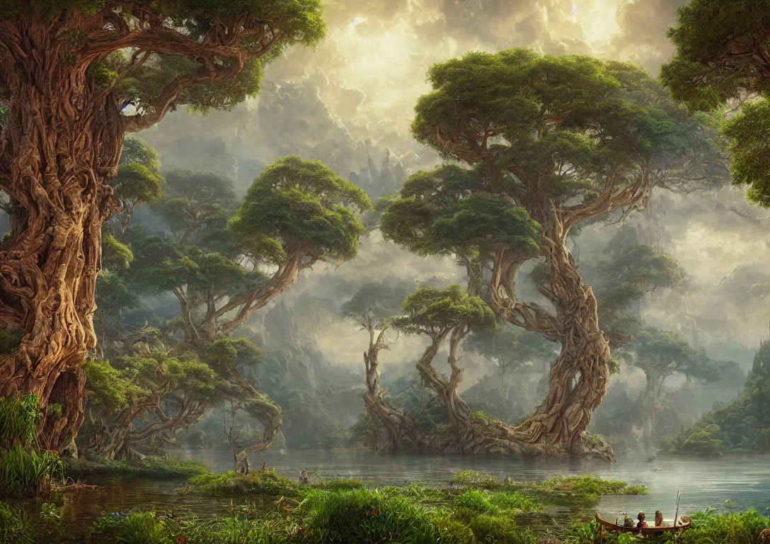 Image similar to beautiful hyper realistic detailed matte painting of big fantasy tree of life in the middle of lake in garden of eden, hdr, by Moebius and John Howe and Albert Bierstadt and Alena Aenami, ultra detailed, high resolution