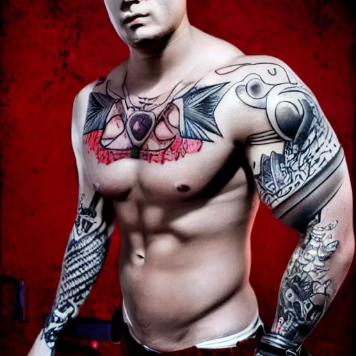 Image similar to muscular bald man, tattooed body, sword in hands, HD, anime style,