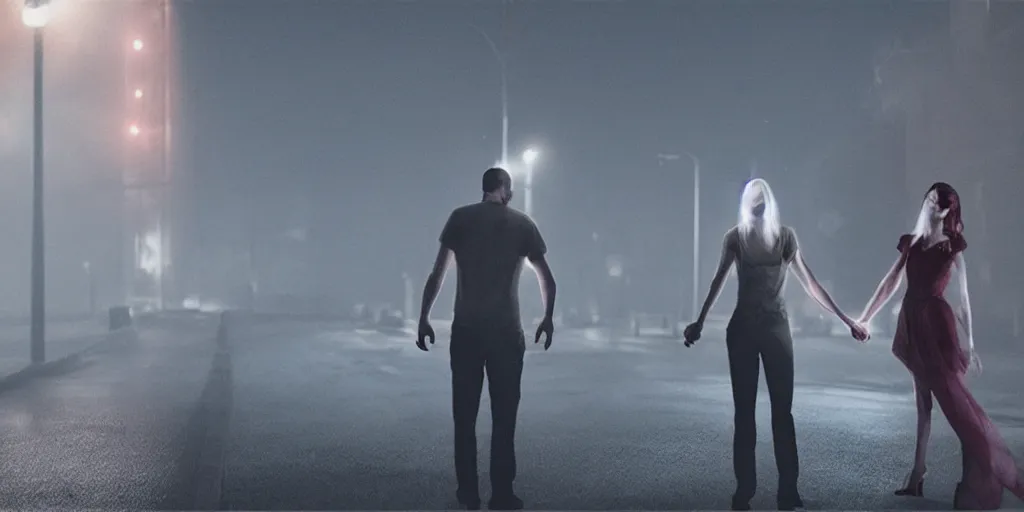 Prompt: A demon and a woman holding hands standing in the middle of the street at night, horror, horror photography, cinematic, cinematic lighting, volumetric lighting, atmospheric, octane render, unreal engine, HD, phot, realistic, photo realistic, hyper realistic, hyper realism, photo by Gregory Crewdson, film by Gregory Crewdson