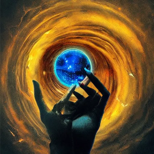 Image similar to hand with and eye in the center, floating in a spiraling abyss, scifi, painted by pedro correa,
