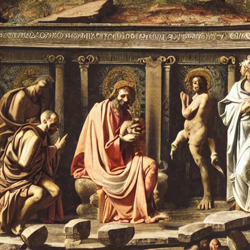 Image similar to the birth of jesus christ depicted inside the roman forum, julius caesar in the centre holding baby jesus