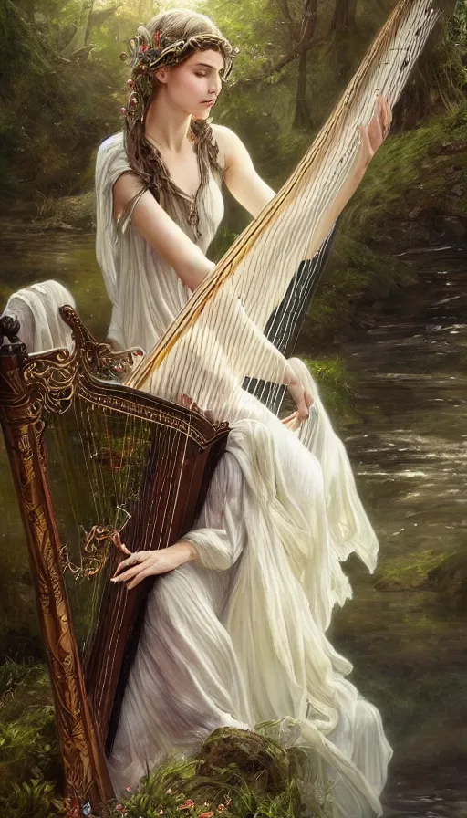 Prompt: portrait of queen of the elves playing a harp, sad and exhausted by the river, ethereal, expressive pose, intricate dress, fantasy, intricate, forest background, highly detailed, digital painting, artstation, concept art, smooth, sharp focus, illustration, art by artgerm and greg rutkowski and alphonse mucha