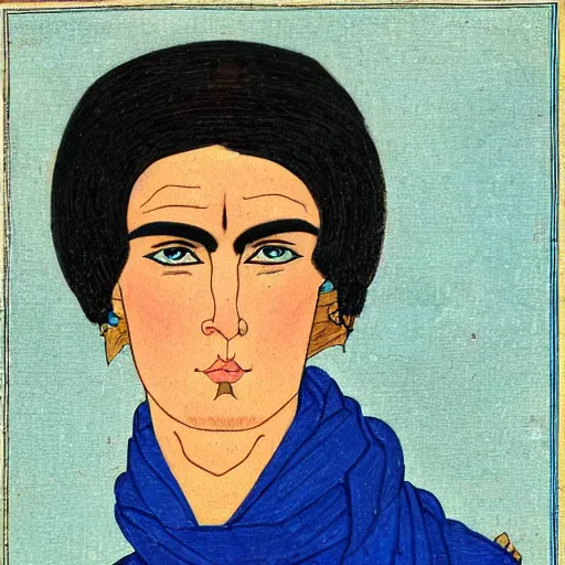 Prompt: portrait of paul atreides, pensive, bright blue eyes, in the style of persian miniature paintings.