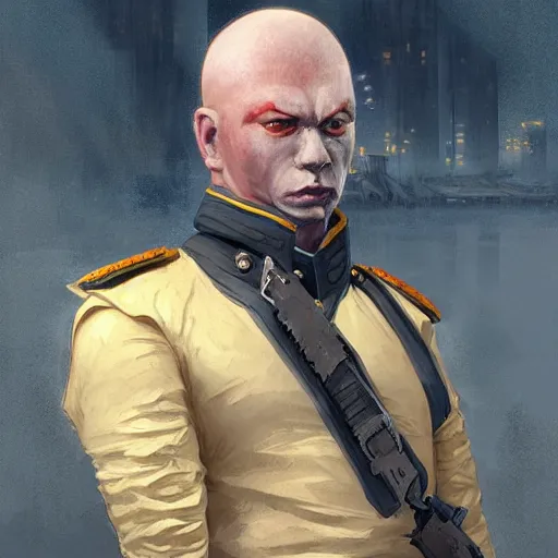 Image similar to portrait of rubbery albino mutant with determined expression, sharp features, moist skin and wide black eyes wearing fascist Napoleonic Tang Dynasty police uniform standing on cyberpunk docks, science fiction concept art by Greg Rutkowski and Anato Finnstark