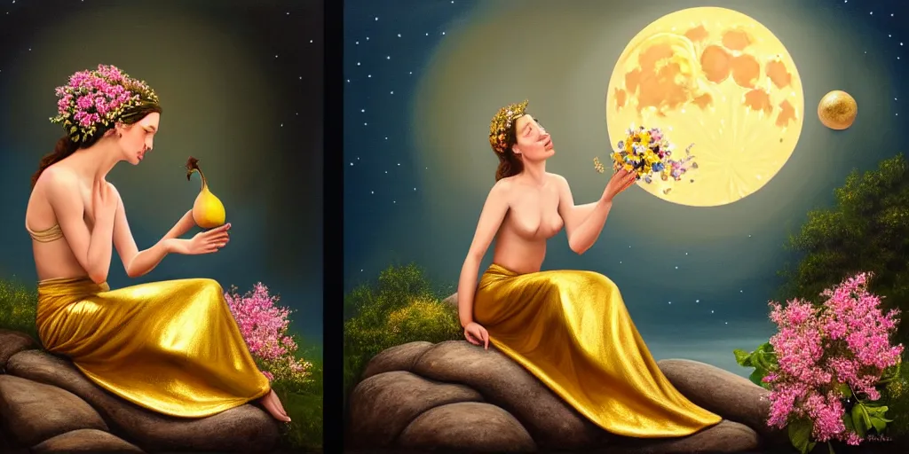 Image similar to very realistic beautiful painting of a goddess wearing a short metallic golden skirt covering her whole body holding flowers and levitating a pear, sun on the left moon on the right as she is sitting on a rock at night time, realistic 8K HD