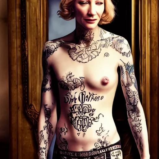 Image similar to full body tattooed cate blanchett, highly detailed, photorealistic, 4k