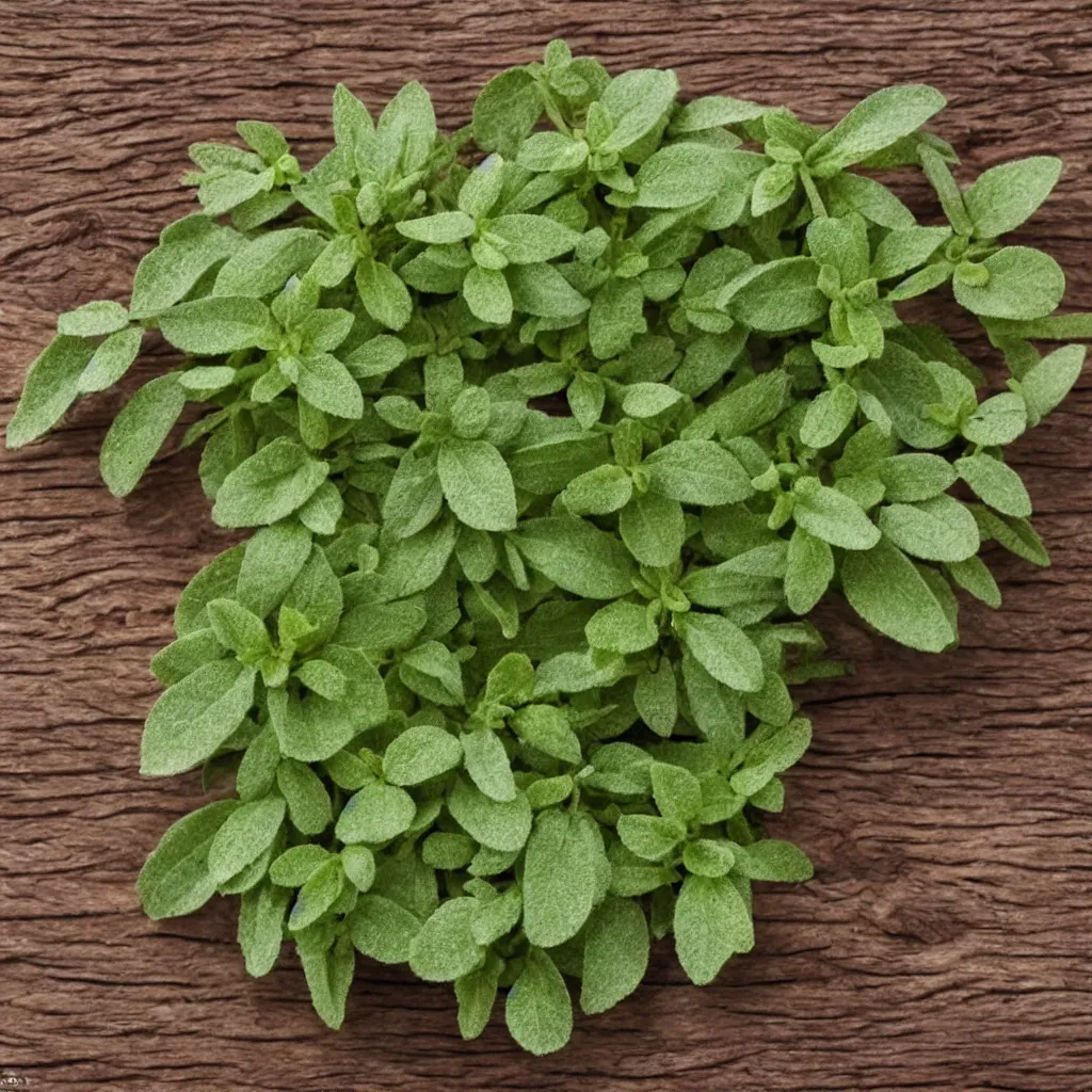 Image similar to close - up view of oregano on top of a wooden table, 8 k, high detail, photorealistic, proper shading