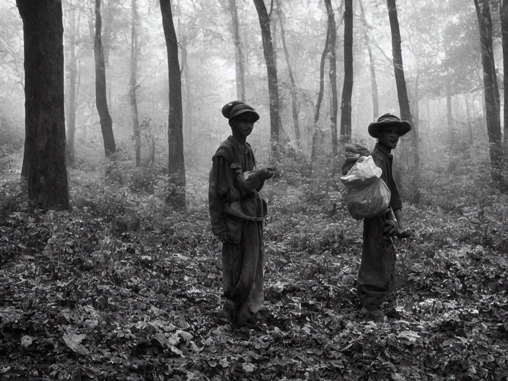 Prompt: Black and white 35mm film old photograph of an impoverished young mushroom picker for mushrooms in a forest blanketed with mushrooms and fog. Deep shadows and highlights and sunflair. Wide shot. bokehlicious.