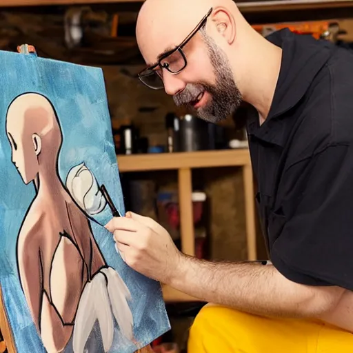 Image similar to a bald man with a beard meticulously painting an anime girl figurine in his basement