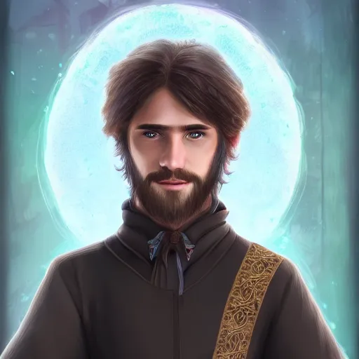 Prompt: a young, well-to-do wizard whose fine attire has intricate embroidery. portrait, shaggy haircut, 8k resolution, full-length portrait, digital painting, fantasy illustration, D&D character art