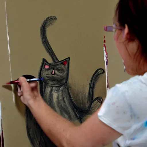 Prompt: A crying painter screams at a canvas, on the canvas is a simple stick figure drawing of a cat