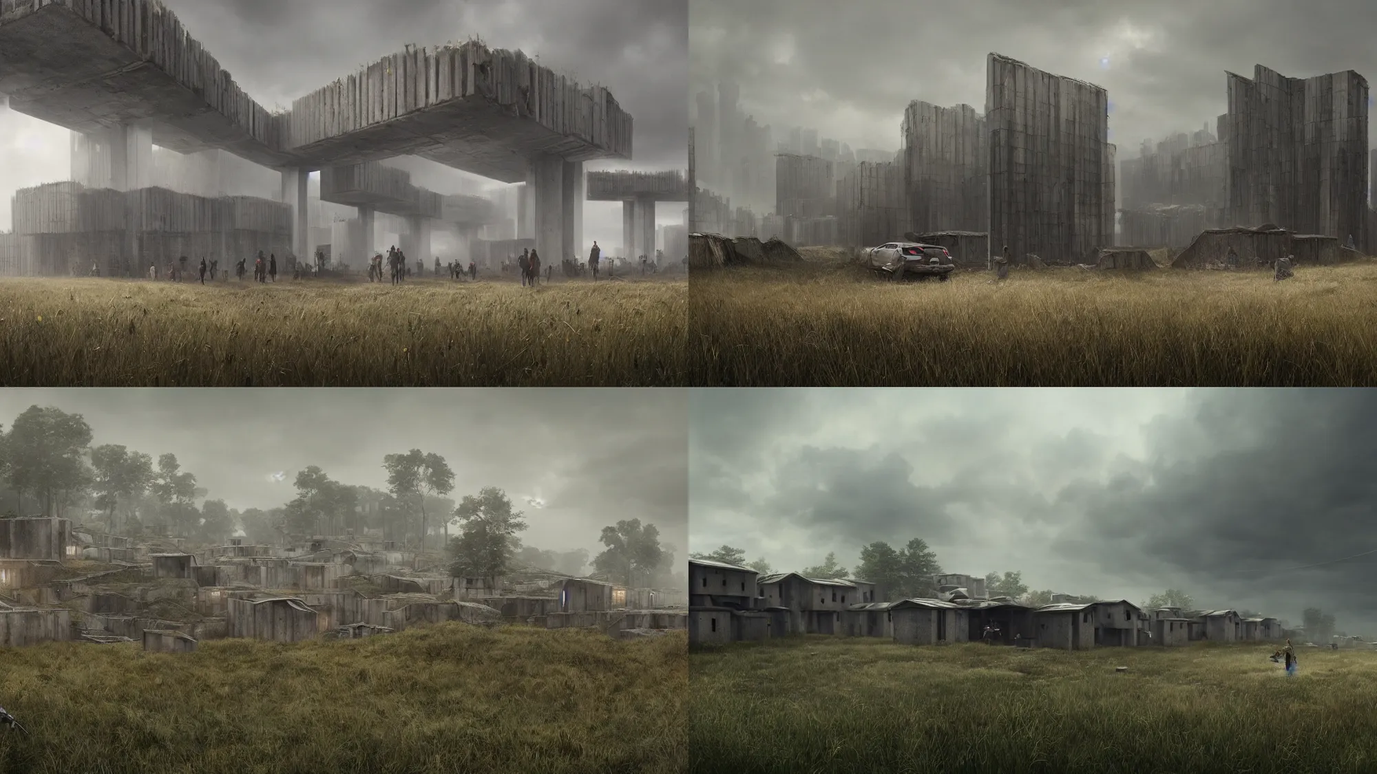 Prompt: a giant dystopian walls of concrete surrounding a small clearing of grass and straw huts, huge walls stretching into the grey sky, octane render, 4 k, trending on artstation, award - winning, art by greg rutkowski