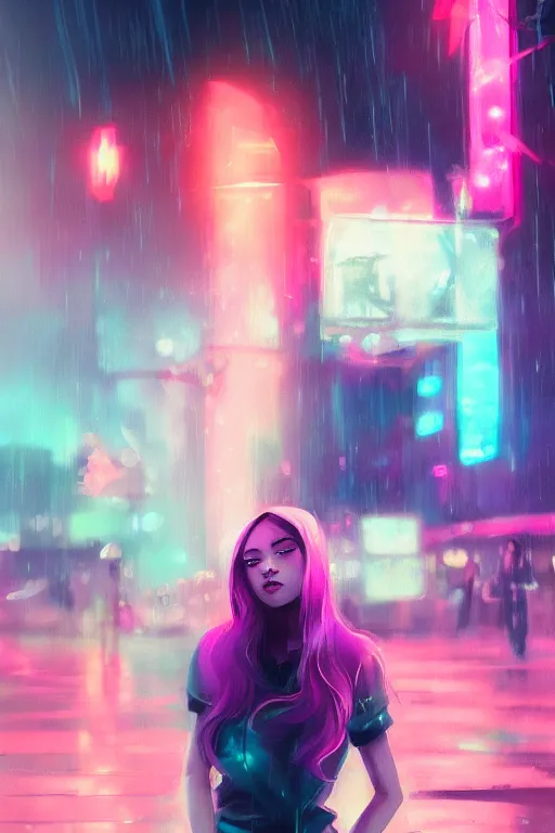 Image similar to cute girl in the rain, neon lights, by wlop, concept art, poster