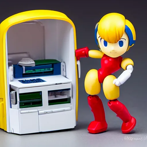 Image similar to photo of figma figures in a diorama : : roll is repairing computers in dr. light's laboratory. roll is a cute female ball - jointed robot ( in the style of mega man ) who has blonde hair with bangs and a ponytail tied with a green ribbon. she is wearing a red one - piece dress with a white collar, and red boots.