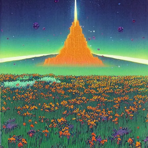 Image similar to a beautiful painting of a large alien shrine shrouded by mystic nebula magic in a field of flowers by hiroshi nagai and vincent di fate