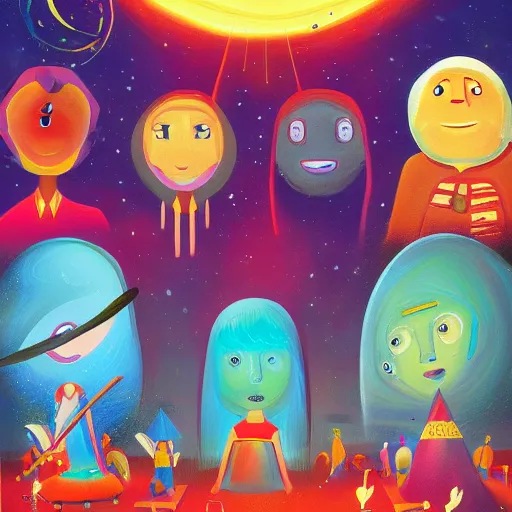 Image similar to a painting of in a dream, are all the characters really you?, poster art by tim biskup, behance contest winner, space art, poster art, wallpaper, digital illustration