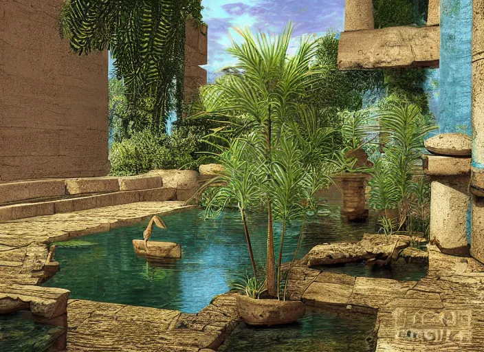 Image similar to Ancient Egypt interior with a pond and plants, digital art