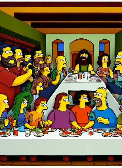 Prompt: the last supper, but with simpsons characters, highly detailed, fine art