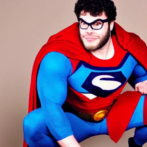 Image similar to Seth Rogan dresses as Superman, doing a squat