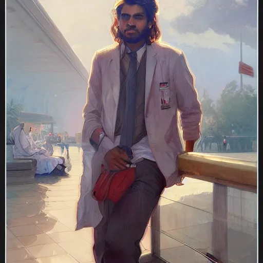 Image similar to Anxious good looking pale young Indian doctors wearing American clothes at the airport, portrait, elegant, intricate, digital painting, artstation, concept art, smooth, sharp focus, illustration, art by artgerm and greg rutkowski and alphonse mucha