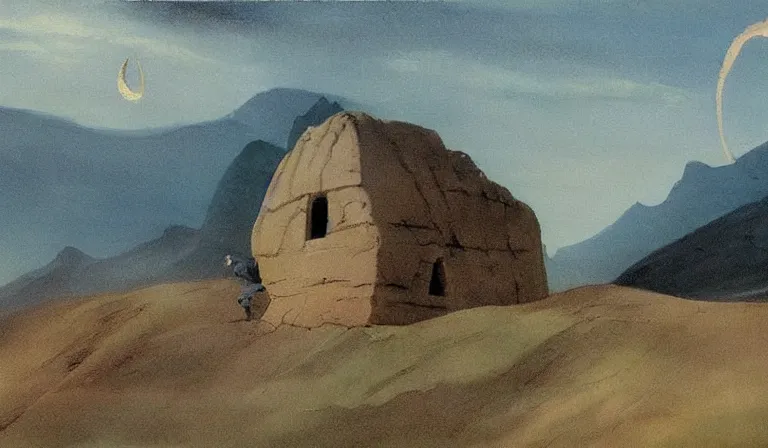 Prompt: A serene landscape with a singular building in the style of franz frazetta.