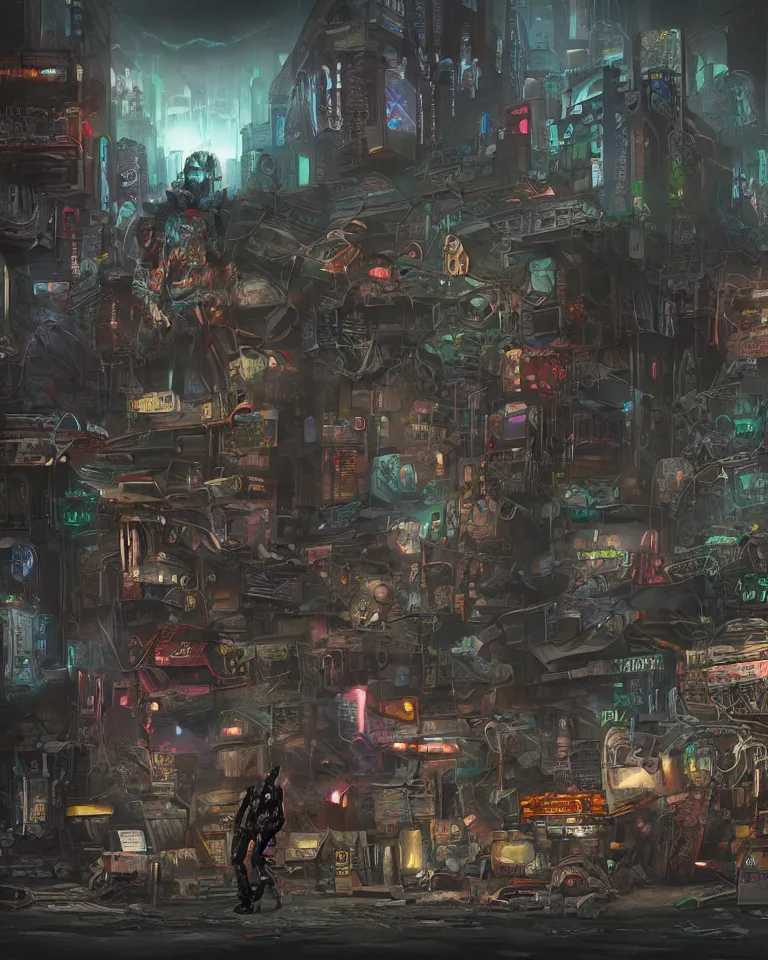 Prompt: a matte painting of a cybernetic junkyard ghost, cyberpunk, shadowrun, in the style of brom