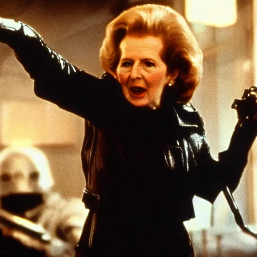 Image similar to A still of Margaret Thatcher as the Terminator in The Terminator (1984)