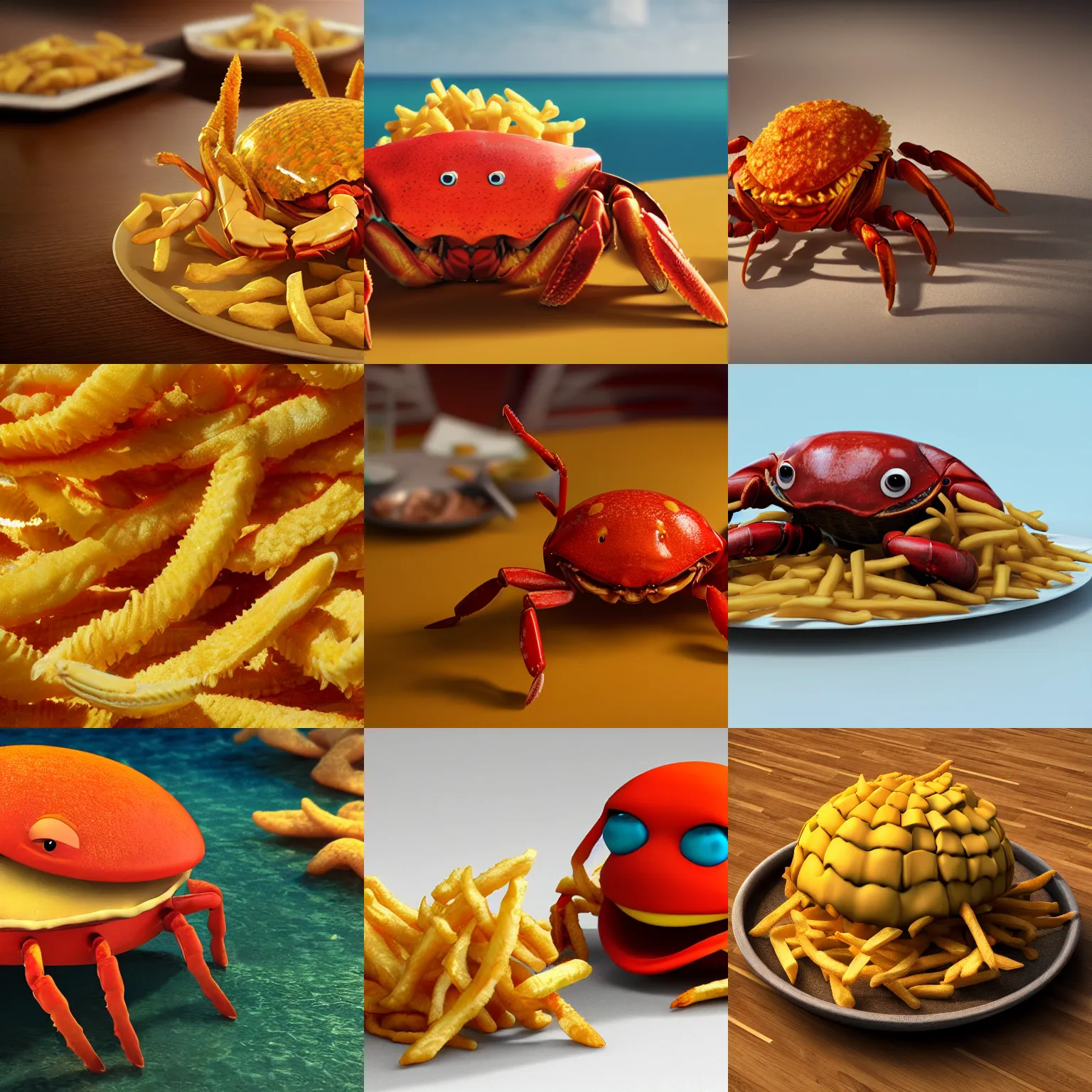 Prompt: 🦀 made of 🍟, octane render,