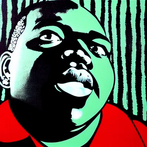 Prompt: Wall mural portrait of Notorious BIG, urban art, pop art, artgerm, by Roy Lichtenstein