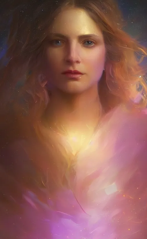 Image similar to beautiful uncertainty, sharp focus, intricate, elegant, digital painting, artstation, matte, highly detailed, concept art, illustration, volumetric lighting, gold and blue and pink color scheme, bokeh light, art by greg olsen and liz lemon swindle