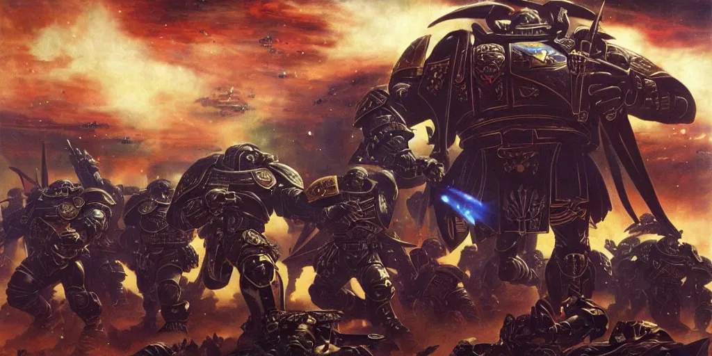 Prompt: Astartes are fighting against space orcs, huge armies, epic battle, a bunch of explosions, bullet tracers, Astartes are very well detailed, orcs are very well detailed, Photo style retro futurism art