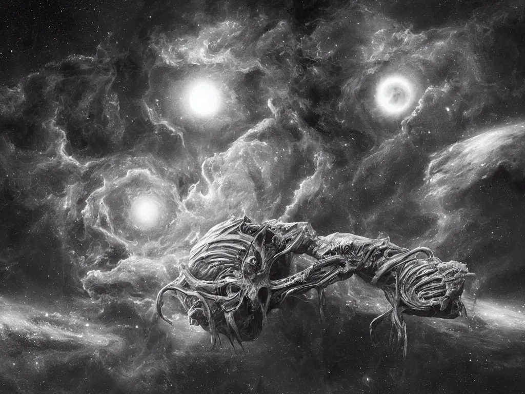 Prompt: scary and gigantic unknown object floating in space between cosmic clouds and nebulas, by isaac asimov alejandro jodorowsky and hr giger, trending on artstation,