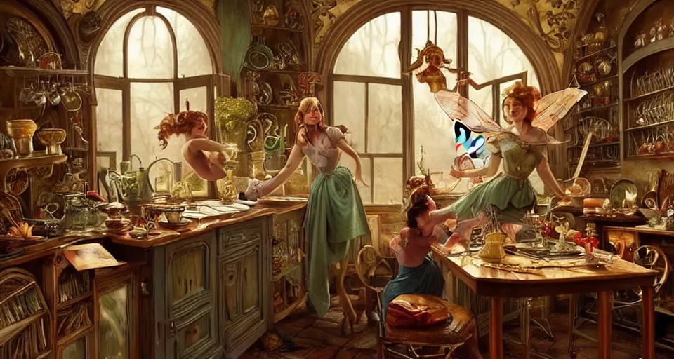 Image similar to a mid - shot of a fairy in a vintage magical kitchen, with one vintage book on a table, with a fireplace in the background d & d, fantasy, intricate, elegant, highly detailed, digital painting, artstation, concept art, smooth, sharp focus, illustration, art by artgerm and greg rutkowski and alphonse mucha