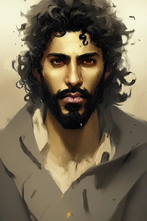 Prompt: Arab man light beard, curly hair, swordsman, modern, hero, yellow and charcoal leather, highly detailed, digital painting, artstation, concept art, sharp focus, illustration, by greg rutkowski