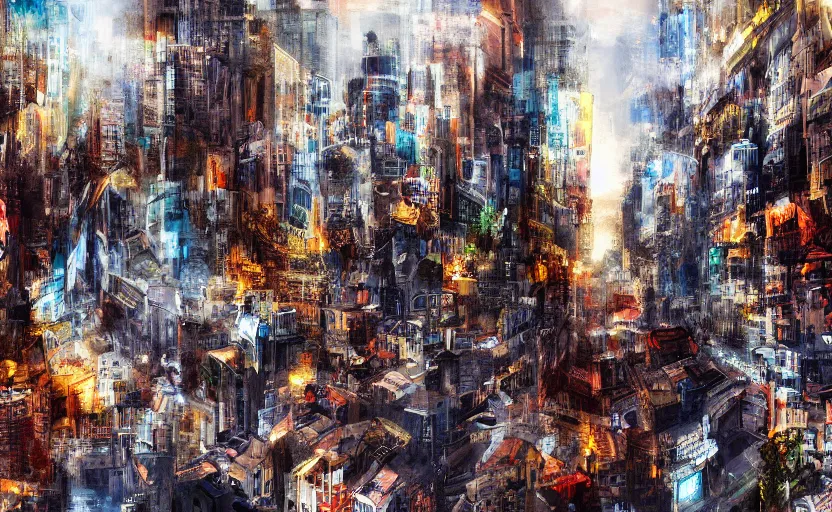 Image similar to City crashing into the Ground, digital painting, expressionistic, intricate detail, meticulous brush strokes, genius composition, masterpiece, work of art, 4k wallpaper