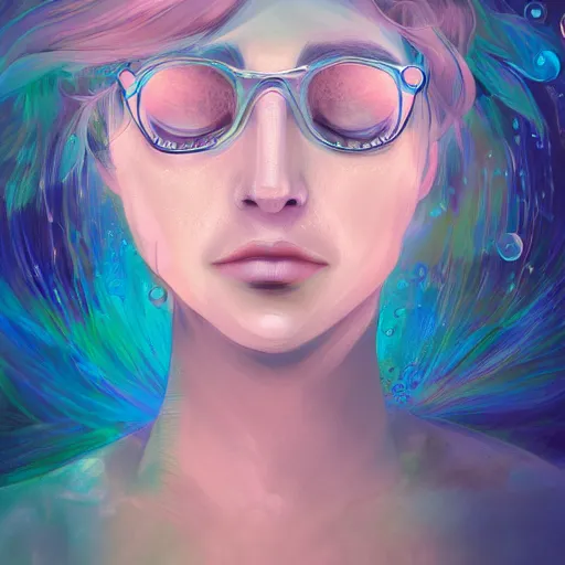 Prompt: face portrait of a woman underwater inspired by lois van baarle, iridescent, bubbles, seaweed