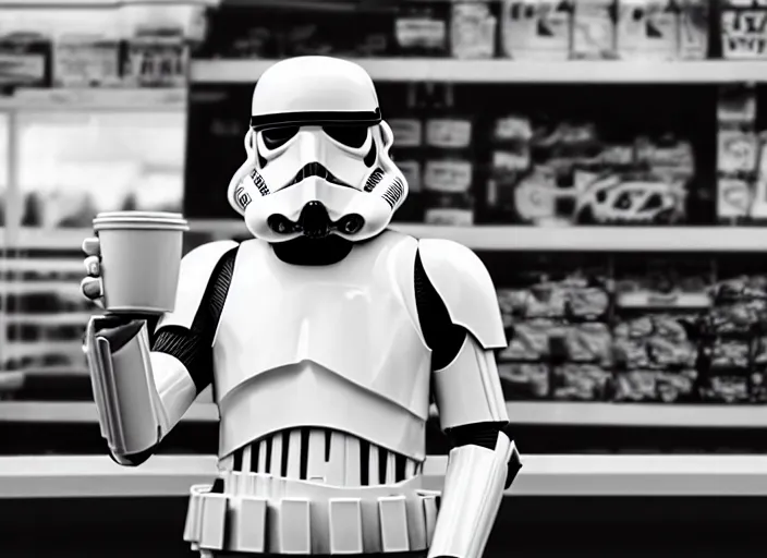 Image similar to film still of a storm trooper holding a cup of coffee in a convenience store in the new Star Wars movie, 4k, black and white