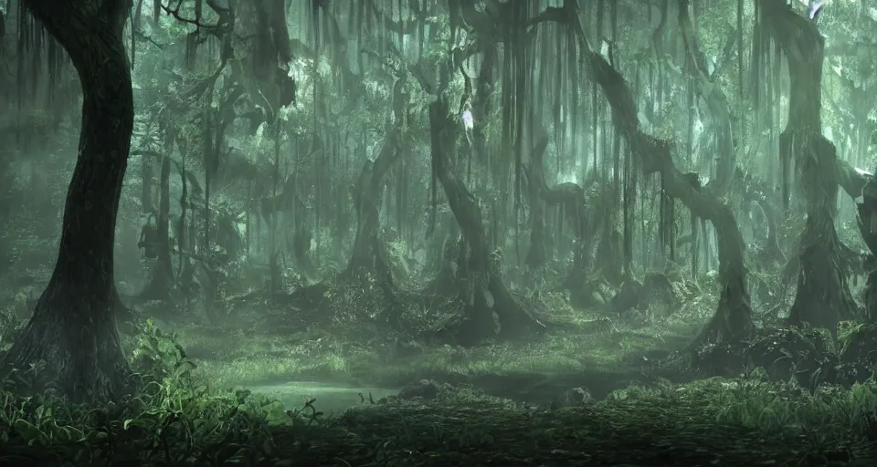 Image similar to A dense and dark enchanted forest with a swamp, from Final fantasy