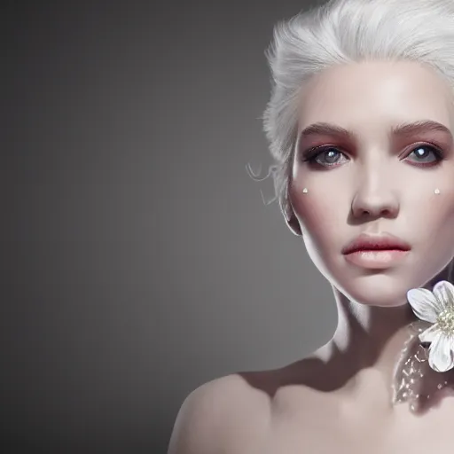 Prompt: portrait of wonderful princess of white diamonds with fair skin, white hair, white flowers, ornate with white diamonds, 8 k, gorgeous, intricate, detailed, glowing white accent lighting, dramatic lighting, octane render