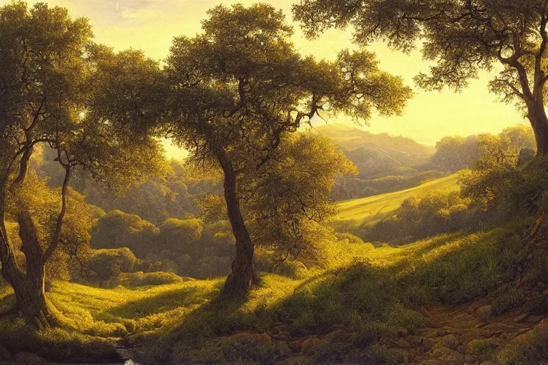 Image similar to masterpiece painting of oak trees on a hillside overlooking a creek, dramatic lighting, by james c. christensen