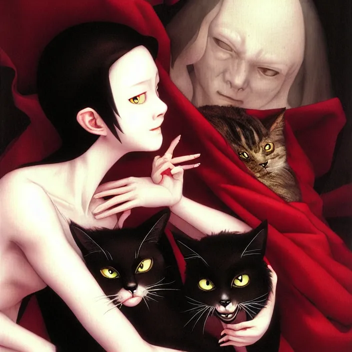 Image similar to renaissance portrait of the secretive vampire girl loner smiling at her cat, by katsuhiro otomo, yoshitaka amano, and artgerm rendered with 3 d effect.