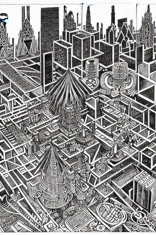 Image similar to a black and white drawing of a mayan temple cityscape, a detailed mixed media collage by hiroki tsukuda and eduardo paolozzi and moebius, intricate linework, sketchbook psychedelic doodle comic drawing, geometric, street art, polycount, deconstructivism, matte drawing, academic art, constructivism