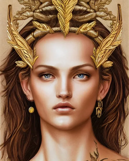 Prompt: front view of beautiful super model aphrodite greek goddess wearing a gold laurel wreath and triangle earrings, realism tattoo sketch, beautiful piercing gaze with sharp pupils, beautiful blonde hair, in the style of greg rutkowski, fantasy, amazing detail, epic, elegant, smooth, sharp focus