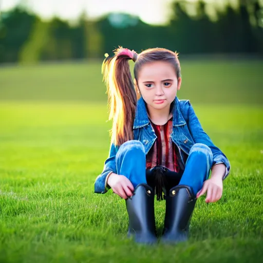 Image similar to a young girl plays on a great green meadow, she wears a jacket, jeans and boots, she has ponytails, photo taken by a nikon, highly detailed, sharp focus