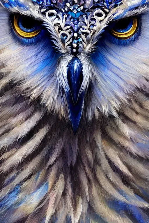 Image similar to a beautiful closeup shot from a fantasy film of a humanoid iridescent blue owlbear wearing a loose tunic. an anthropomorphic owlbear. fantasy, frown, intricate, elegant, highly detailed, digital painting, artstation, concept art, matte, sharp focus, illustration, art by artgerm and greg rutkowski and alphonse mucha