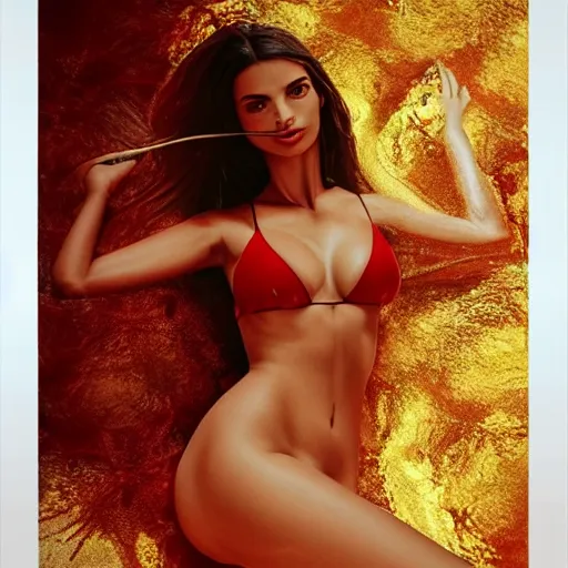 Prompt: Emily Ratajkowski model with beautiful face and full body laying in a blood red pool of water between a bright golden glowing mirror frame, outside is space and inside the mirror frame is a beautiful landscape. Hyperrealistic surreal 4K IMAX Rene Margritte intricate, elegant, highly detailed, digital painting, artstation, concept art, smooth, sharp focus, illustration, art by artgerm, Francis bacon, HR Giger and greg rutkowski and alphonse mucha