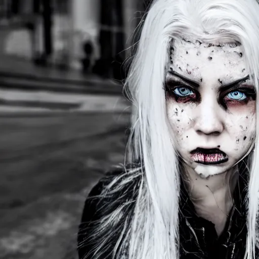 Prompt: white haired girl, dark eye liner, scar, future, dystopian, rain, city scape