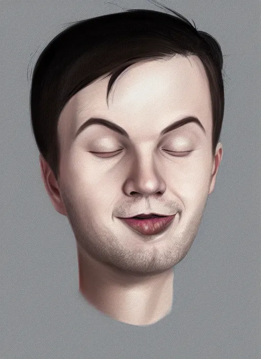 Image similar to portrait of a finnish young man with a spoon on top of his nose, big grin mouth barely closed, wrinkled eyes, wise forehead, big lips, sharp portruding chin, short youthful hair, white background with notes, youthful colours, thin sharp lines, digital painting, artstation, matte, sharp focus, illustration, realistic anime artstyle